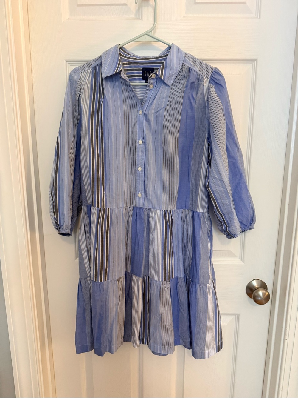 GAP Blue and Navy Striped Tiered Shirt Mini Dress